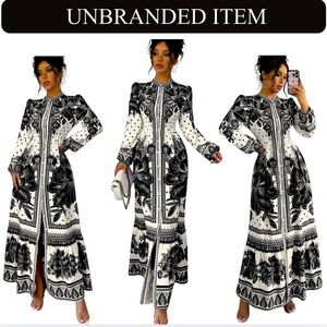Elegant Floral Print, Stand Collar, Long Sleeve, A-Line Dress, NIP